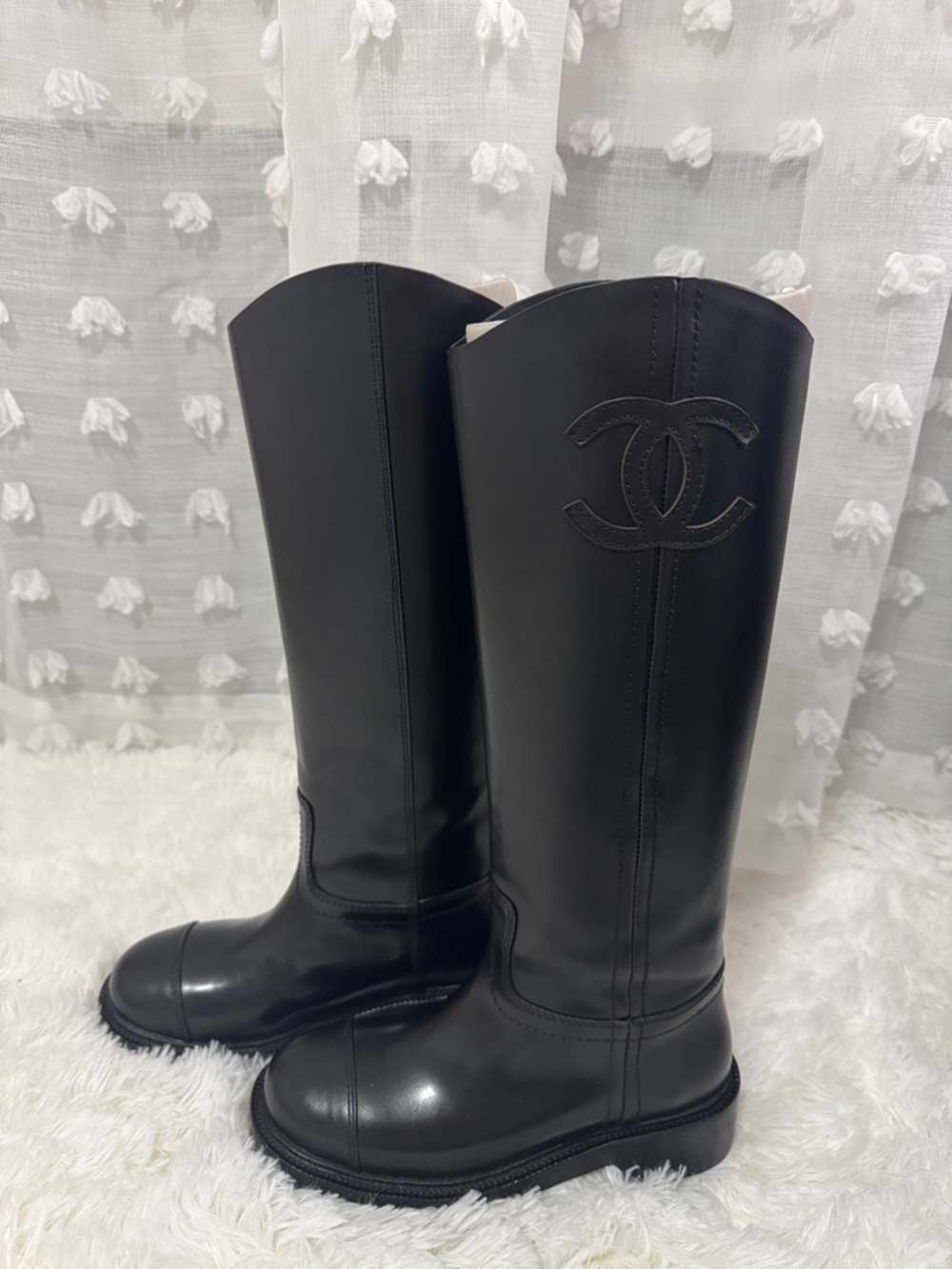 CHANEL Black Leather Knee-High Logo Boots - Picture 3 of 5
